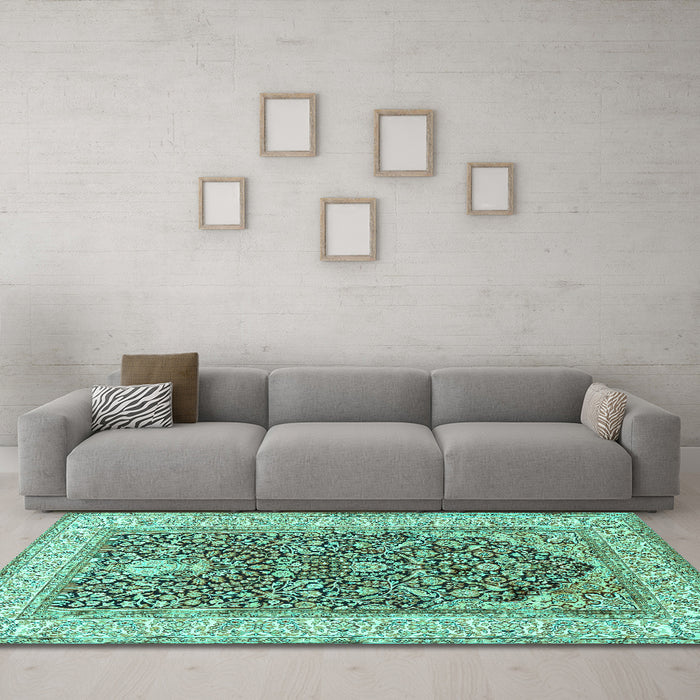 Machine Washable Persian Turquoise Traditional Area Rugs in a Living Room,, wshtr1016turq