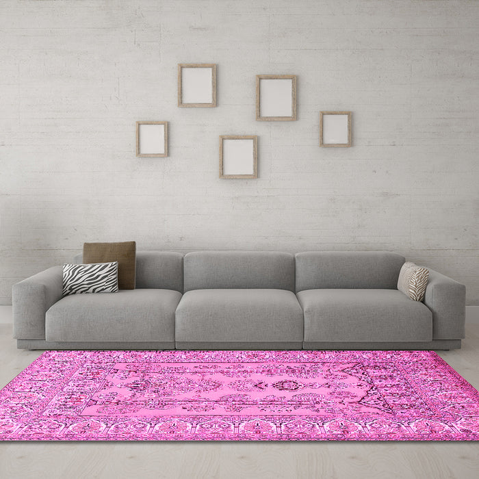 Machine Washable Persian Pink Traditional Rug in a Living Room, wshtr1017pnk