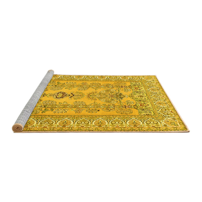 Sideview of Machine Washable Persian Yellow Traditional Rug, wshtr1017yw