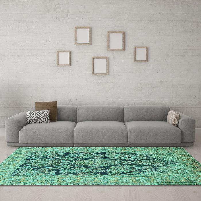 Machine Washable Persian Turquoise Traditional Area Rugs in a Living Room,, wshtr1018turq