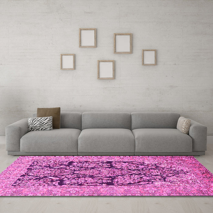 Machine Washable Persian Pink Traditional Rug in a Living Room, wshtr1018pnk