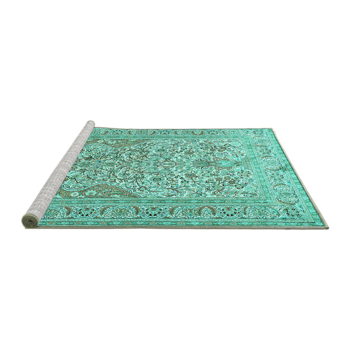 Sideview of Machine Washable Persian Turquoise Traditional Area Rugs, wshtr1019turq