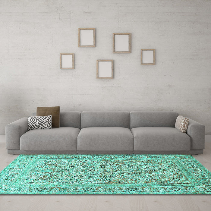 Machine Washable Persian Turquoise Traditional Area Rugs in a Living Room,, wshtr1019turq