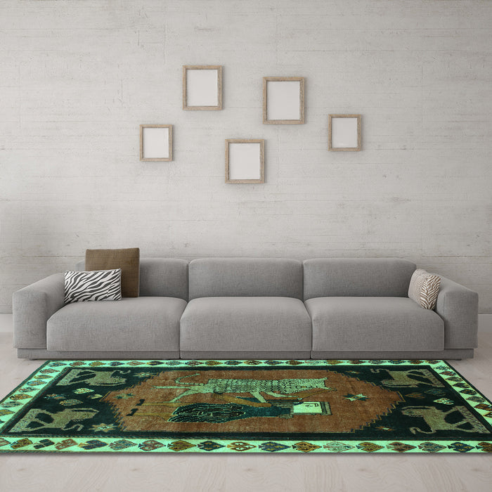 Machine Washable Animal Turquoise Traditional Area Rugs in a Living Room,, wshtr101turq