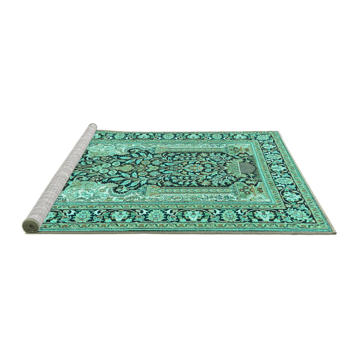 Sideview of Machine Washable Persian Turquoise Traditional Area Rugs, wshtr1021turq