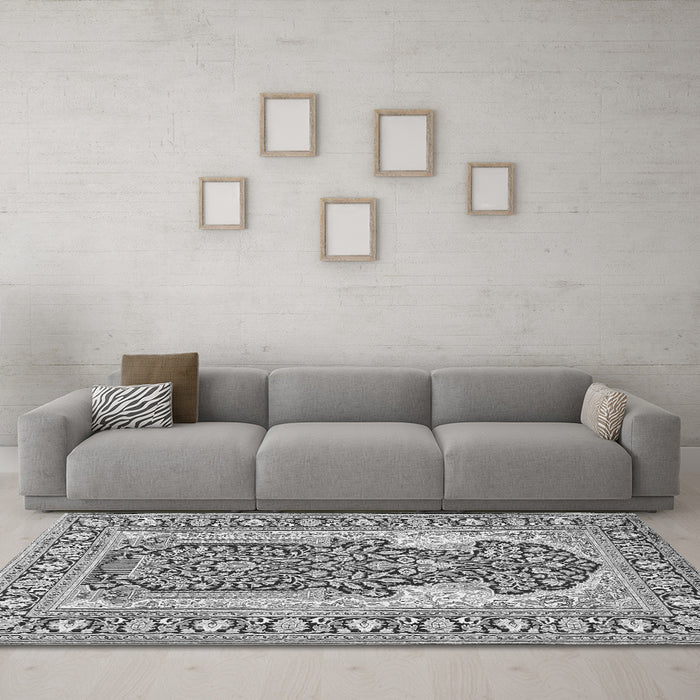 Machine Washable Persian Gray Traditional Rug in a Living Room,, wshtr1021gry