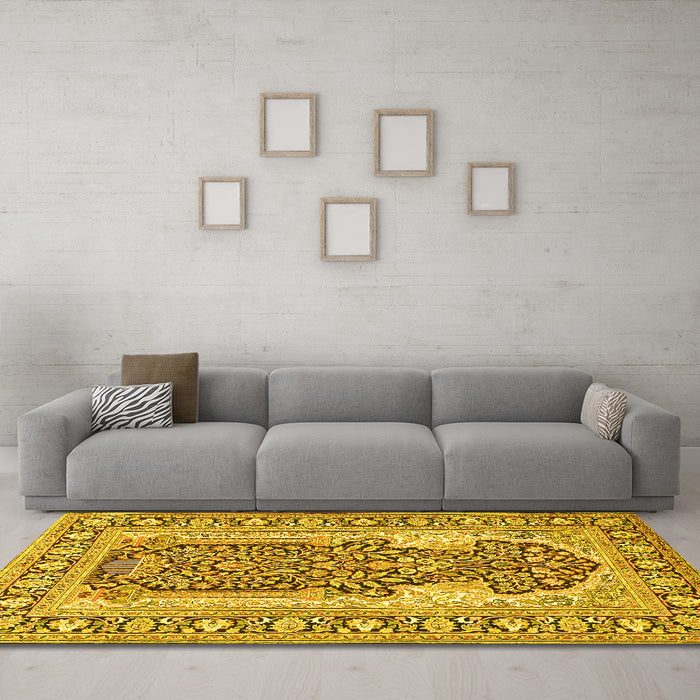 Machine Washable Persian Yellow Traditional Rug in a Living Room, wshtr1021yw
