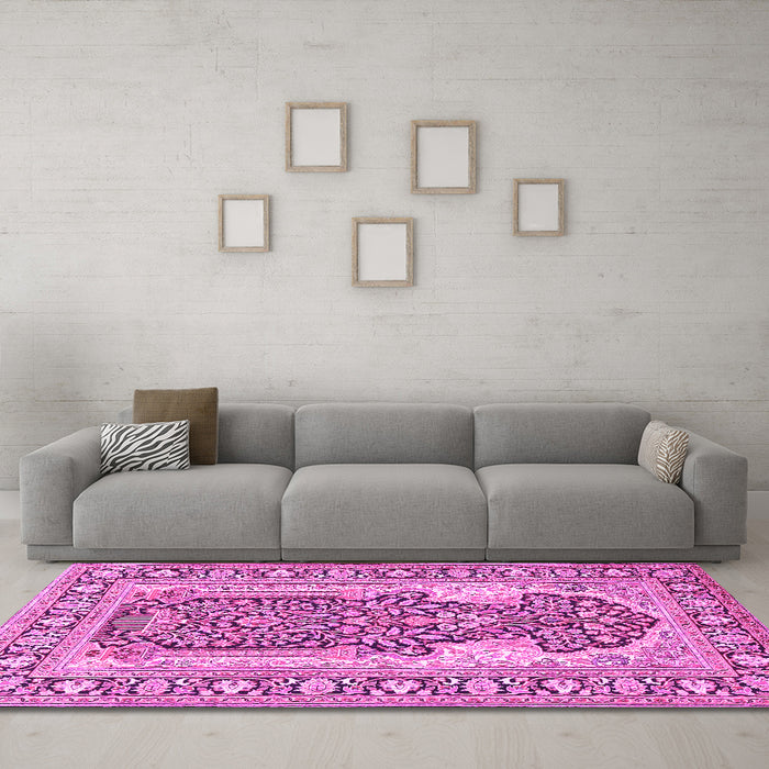 Machine Washable Persian Pink Traditional Rug in a Living Room, wshtr1021pnk