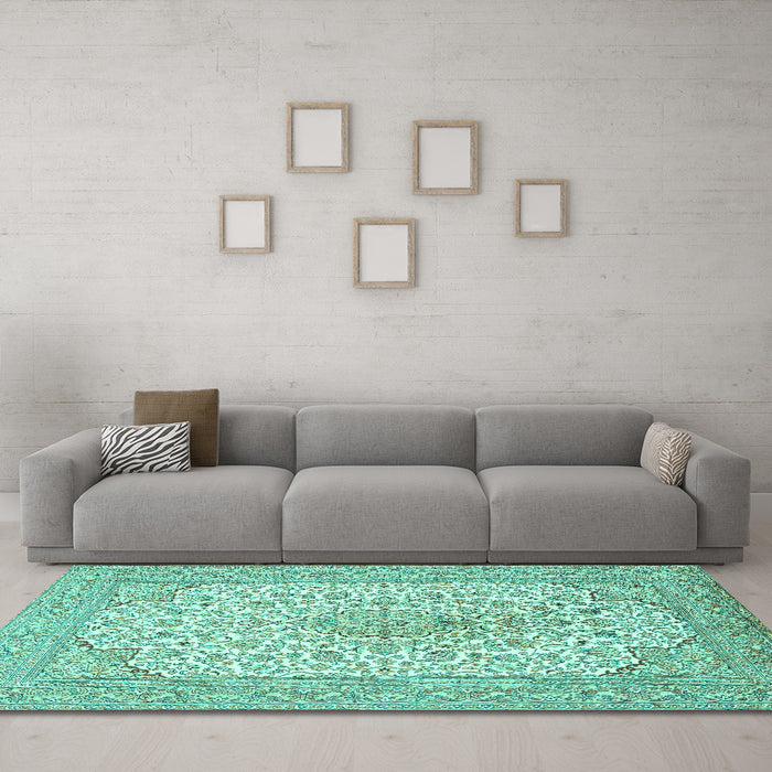 Machine Washable Persian Turquoise Traditional Area Rugs in a Living Room,, wshtr1022turq