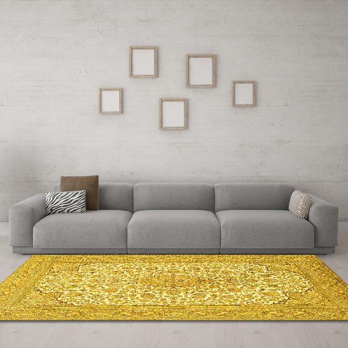 Machine Washable Persian Yellow Traditional Rug in a Living Room, wshtr1022yw