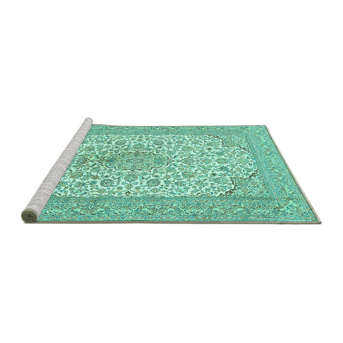 Sideview of Machine Washable Persian Turquoise Traditional Area Rugs, wshtr1022turq