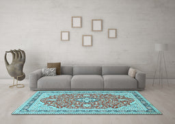 Machine Washable Medallion Light Blue Traditional Rug in a Living Room, wshtr1023lblu