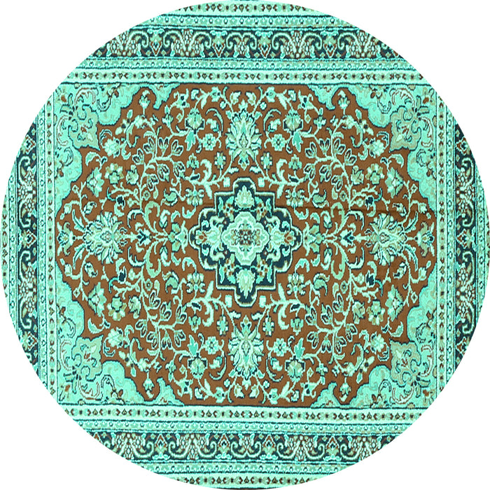 Round Machine Washable Medallion Turquoise Traditional Area Rugs, wshtr1023turq