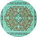 Round Machine Washable Medallion Turquoise Traditional Area Rugs, wshtr1023turq