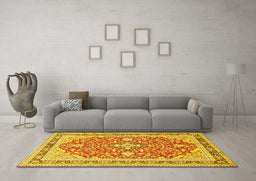 Machine Washable Medallion Yellow Traditional Rug in a Living Room, wshtr1023yw