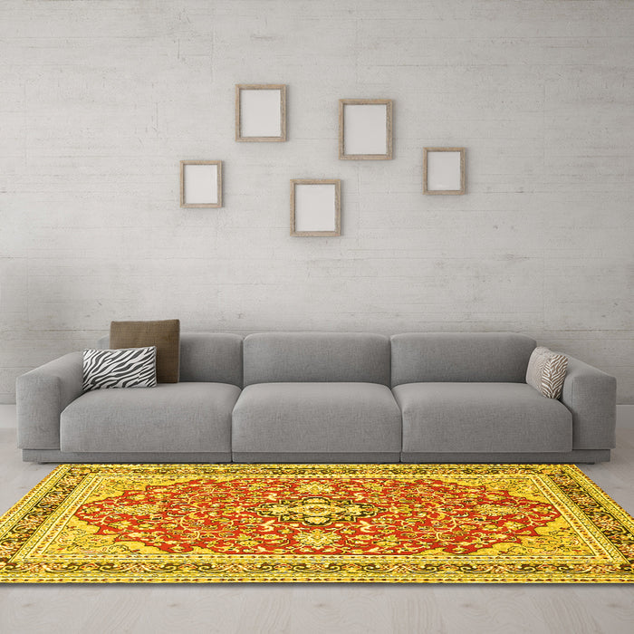 Machine Washable Medallion Yellow Traditional Rug in a Living Room, wshtr1023yw