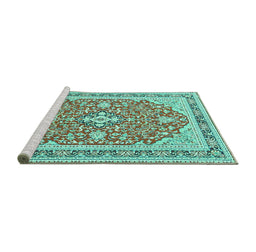 Sideview of Machine Washable Medallion Turquoise Traditional Area Rugs, wshtr1023turq