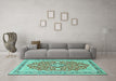 Machine Washable Medallion Turquoise Traditional Area Rugs in a Living Room,, wshtr1023turq