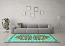 Machine Washable Medallion Turquoise Traditional Area Rugs in a Living Room,, wshtr1023turq