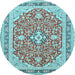 Round Machine Washable Medallion Light Blue Traditional Rug, wshtr1023lblu