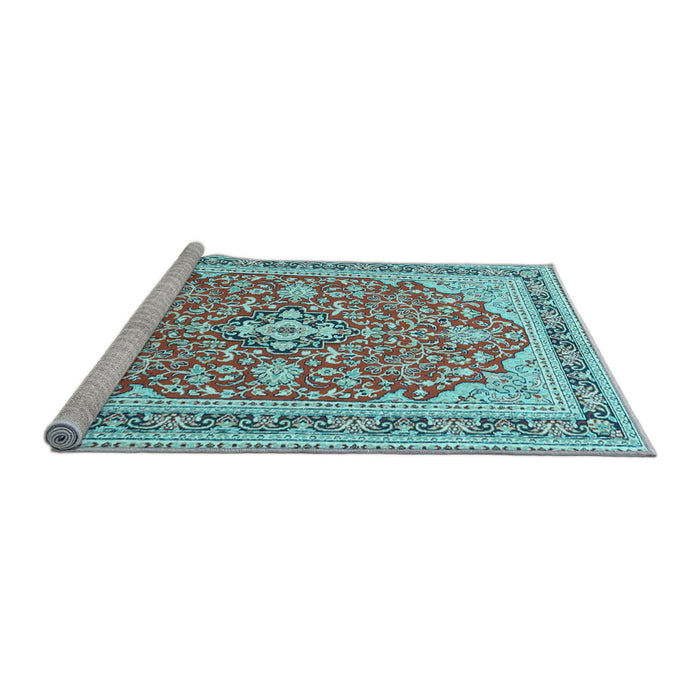 Sideview of Machine Washable Medallion Light Blue Traditional Rug, wshtr1023lblu
