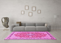 Machine Washable Medallion Pink Traditional Rug in a Living Room, wshtr1023pnk