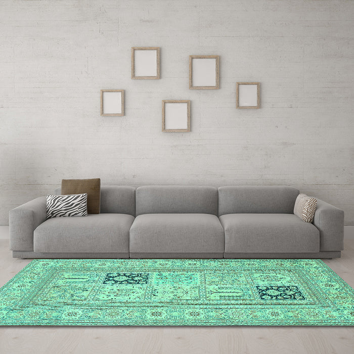 Machine Washable Persian Turquoise Traditional Area Rugs in a Living Room,, wshtr1024turq