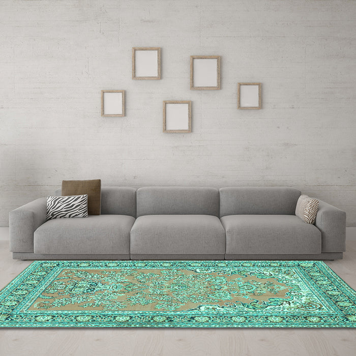 Machine Washable Persian Turquoise Traditional Area Rugs in a Living Room,, wshtr1025turq