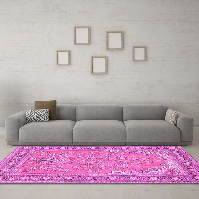 Machine Washable Persian Pink Traditional Rug in a Living Room, wshtr1025pnk