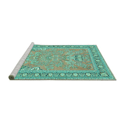 Sideview of Machine Washable Persian Turquoise Traditional Area Rugs, wshtr1025turq