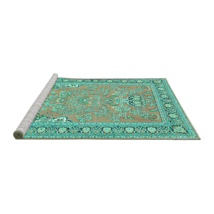 Sideview of Machine Washable Persian Turquoise Traditional Area Rugs, wshtr1025turq