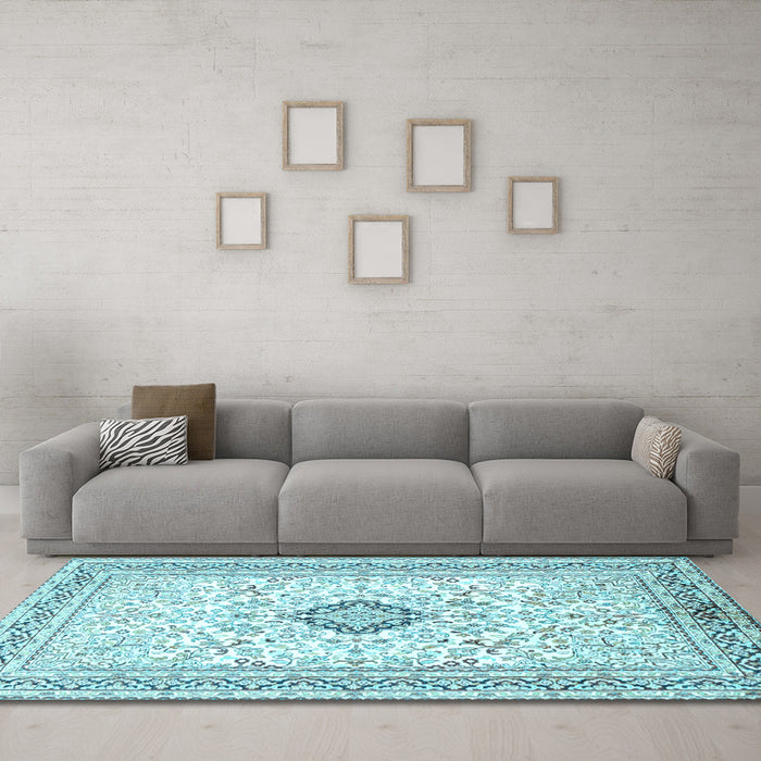 Machine Washable Medallion Light Blue Traditional Rug in a Living Room, wshtr1026lblu