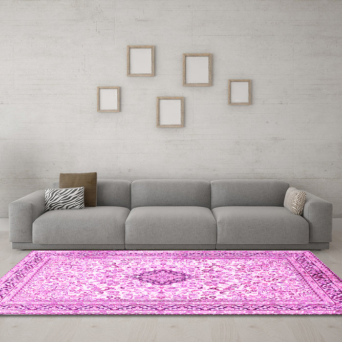 Machine Washable Medallion Pink Traditional Rug in a Living Room, wshtr1026pnk