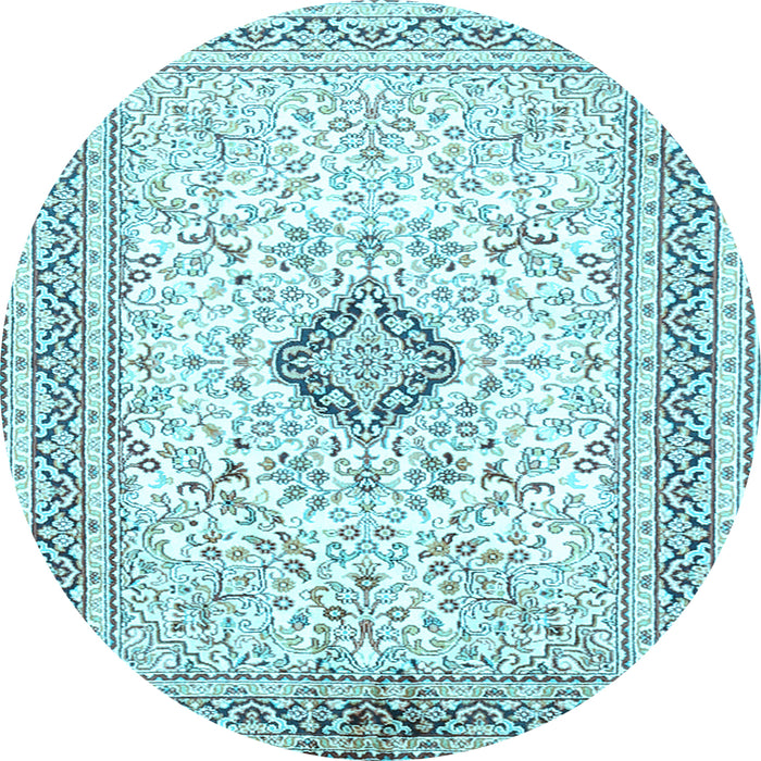 Round Machine Washable Medallion Light Blue Traditional Rug, wshtr1026lblu
