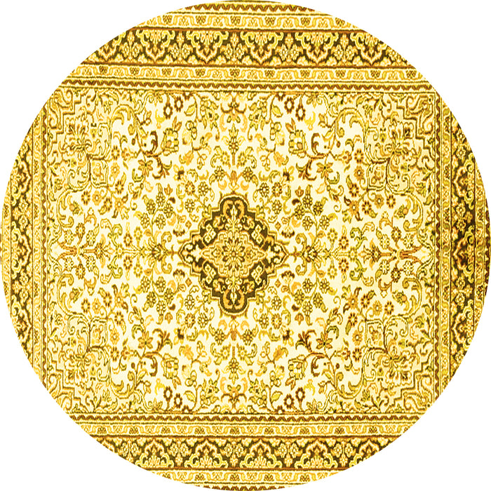 Round Machine Washable Medallion Yellow Traditional Rug, wshtr1026yw