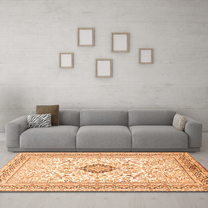 Machine Washable Medallion Orange Traditional Area Rugs in a Living Room, wshtr1026org