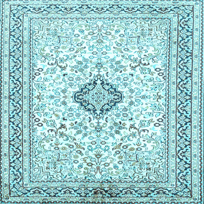 Square Machine Washable Medallion Light Blue Traditional Rug, wshtr1026lblu