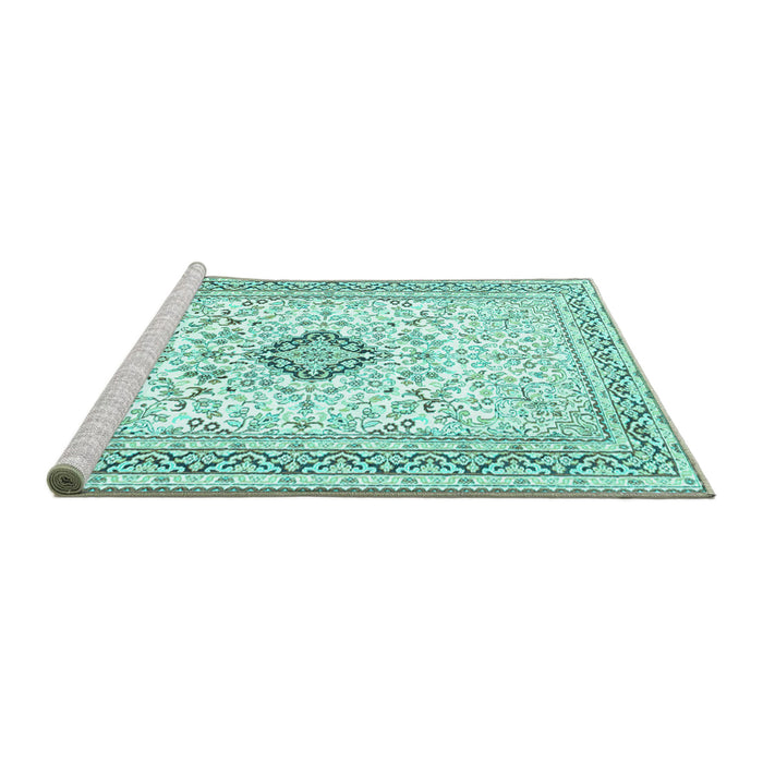 Sideview of Machine Washable Medallion Turquoise Traditional Area Rugs, wshtr1026turq