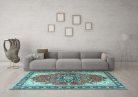 Machine Washable Medallion Light Blue Traditional Rug, wshtr1028lblu