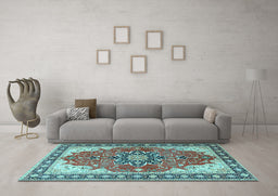 Machine Washable Medallion Light Blue Traditional Rug in a Living Room, wshtr1028lblu