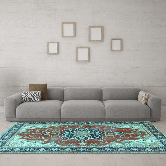 Machine Washable Medallion Light Blue Traditional Rug in a Living Room, wshtr1028lblu