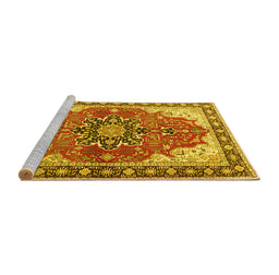 Sideview of Machine Washable Medallion Yellow Traditional Rug, wshtr1028yw