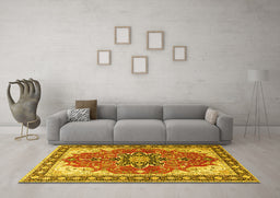 Machine Washable Medallion Yellow Traditional Rug in a Living Room, wshtr1028yw