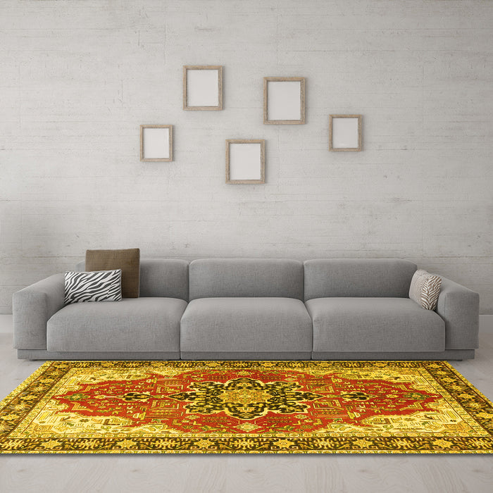Machine Washable Medallion Yellow Traditional Rug in a Living Room, wshtr1028yw
