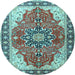 Round Machine Washable Medallion Light Blue Traditional Rug, wshtr1028lblu