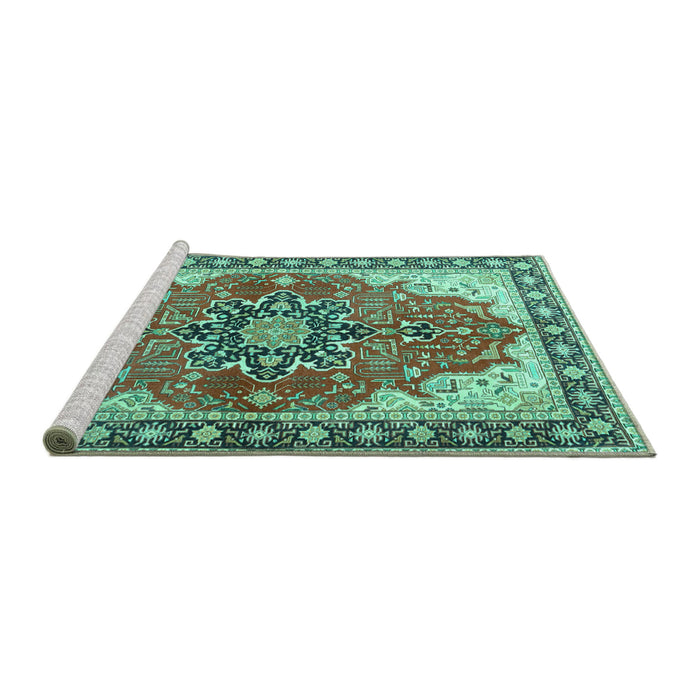 Sideview of Machine Washable Medallion Turquoise Traditional Area Rugs, wshtr1028turq