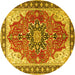 Round Machine Washable Medallion Yellow Traditional Rug, wshtr1028yw