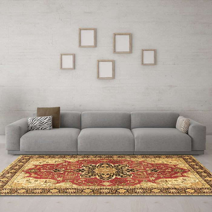 Machine Washable Medallion Brown Traditional Rug in a Living Room,, wshtr1028brn