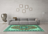 Machine Washable Medallion Turquoise Traditional Rug, wshtr1028turq