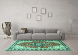 Machine Washable Medallion Turquoise Traditional Area Rugs in a Living Room,, wshtr1028turq